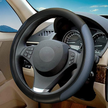 Steering Wheel Cover, Microfiber Leather Splicing with Classic Embossing,Contrasting Colors Anti-Slip Breathable Auto Car Steering Wheel Cover Fit 15 Inch Car Wheel Protector (Black&Blue)