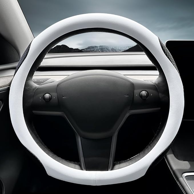 LKWLIKEI Nappa Leather Ultra-Thin Steering Wheel Cover, for Tesla Model 3/Y Steering Wheel Cover, Non-Slip Design and Interior Modification of car Accessories （White）