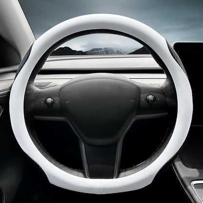 LKWLIKEI Nappa Leather Ultra-Thin Steering Wheel Cover, for Tesla Model 3/Y Steering Wheel Cover, Non-Slip Design and Interior Modification of car Accessories （White）