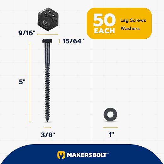 3/8 x 5 (50 Pack) Lag Screw Kit, 50 Screws and 50 Washers, Ceramic Black Ruspert Coating for Exterior Use, Meets ASTM A307 and ASME B18.2.1, Industrial/Commerical Grade by Makers Bolt