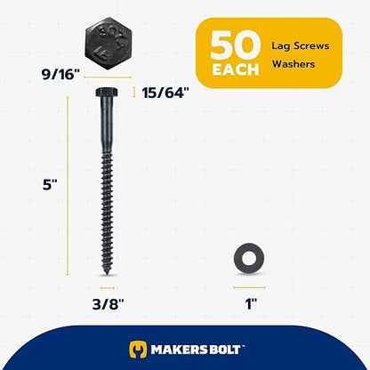 3/8 x 5 (50 Pack) Lag Screw Kit, 50 Screws and 50 Washers, Ceramic Black Ruspert Coating for Exterior Use, Meets ASTM A307 and ASME B18.2.1, Industrial/Commerical Grade by Makers Bolt