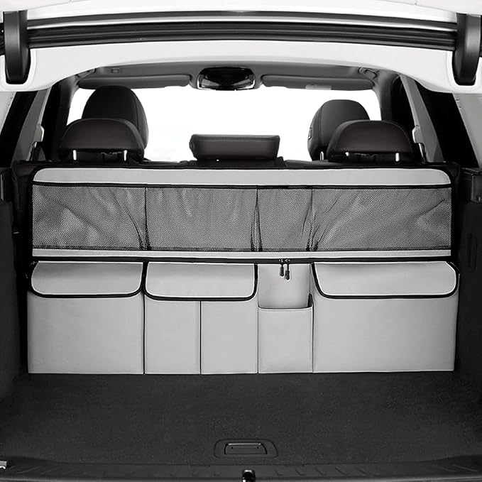 Viaviat Hanging Car Trunk Organizer, Collapsible Backseat Storage Bag with 9 Large Pockets for Medium or Large Size SUV, Truck, MPV, Car Interior Accessories (Light-gray)