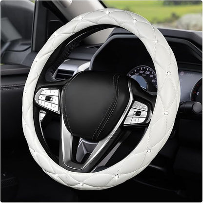 Bling Car Steering Wheel Cover, 15 Inch Diamond Leather Anti-Slip Auto Steering Wheel Protector, Cute Sparkly Rhinestones Wheels Cover Automotive Decoration for Women Girl (White)