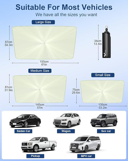 helloleiboo Car Windshield Sun Shade Umbrella 57" x 32", Windshield Sun Shade Foldable with 5-Layer Thickened Vinyl Coating Reflective Heat & UV Protection Fits Most Sedans & Compact SUVs
