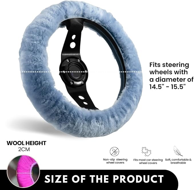 Andalus Brands Luxury Fluffy Car Steering Wheel Covers – Genuine Merino Sheepskin, Soft Fuzzy Car Steering Wheel Cover for Women, Universal 14.5-15" Size, Plush Fur Cute Auto Accessories, Blue Gray