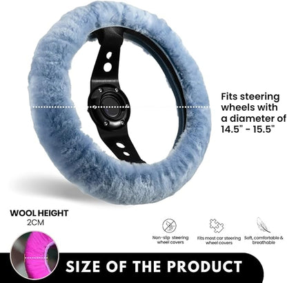 Andalus Brands Luxury Fluffy Car Steering Wheel Covers – Genuine Merino Sheepskin, Soft Fuzzy Car Steering Wheel Cover for Women, Universal 14.5-15" Size, Plush Fur Cute Auto Accessories, Blue Gray