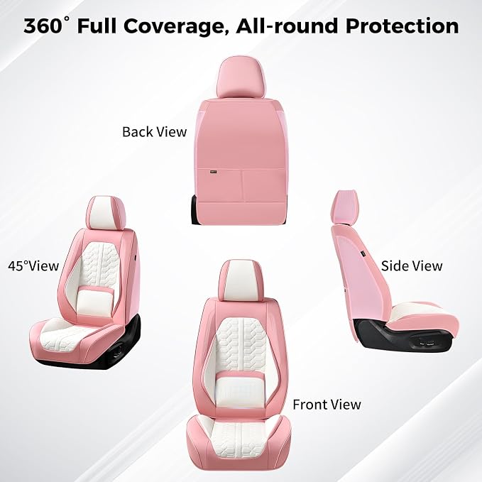Huidasource Leather Seat Covers Front Seat, Pink & White Car Seat Covers Universal Fit for Most Cars SUV Trucks, Waterproof Automotive Car Seat Cushion Cover Protector with Lumbar Support