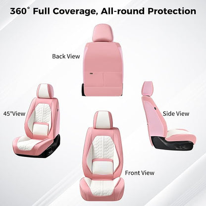 Huidasource Leather Seat Covers Front Seat, Pink & White Car Seat Covers Universal Fit for Most Cars SUV Trucks, Waterproof Automotive Car Seat Cushion Cover Protector with Lumbar Support