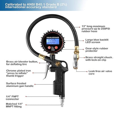 CZC AUTO Digital Tire Inflator Pressure Gauge, LED Display Tyre Deflator Gage with Straight Brass Lock-on Chuck Rubber Hose, Compatible with Air Pump Compressor for Truck Bus RV Car Motorcycle Bike