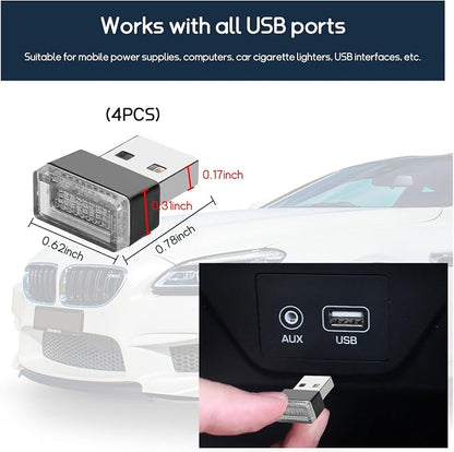 Dickno 4 PCS USB LED Car Interior Atmosphere Lamp, Portable Mini LED Night Light, Plug-in USB Interface Trunk Ambient Lighting Kit, Universal Vehicle Interior Accessories (Red)