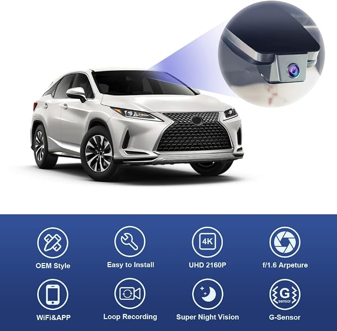 Fitcamx 4K Dash Cam Suitable for Lexus RX 350 450h 350L F Sport Luxury 2016 2017 2018 2019 2020 2021 2022 (Model B), 2160P Video WiFi, OEM Style, Parking Mode, Loop Recording, Plug&Play, 64GB Card