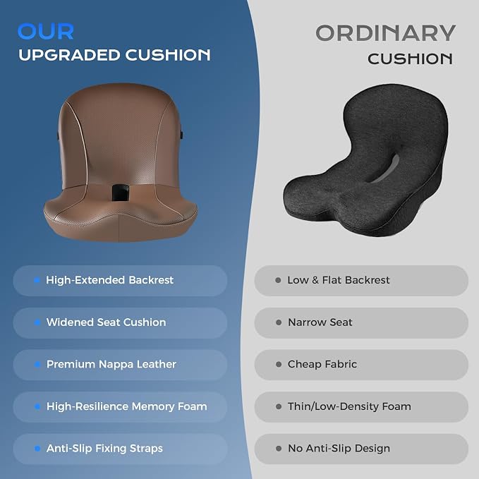 Coverado Car Seat Cushion and Lumbar Support Pillow One Piece, Napa Leather Memory Foam Ergonomic Back Support Driving Seat Cushion for Back Pain, Non-Slip Washable Cushion for Car, Driver, Office