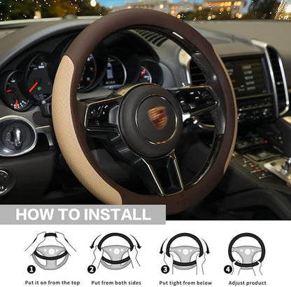 Steering Wheel Cover, Microfiber Leather Splicing with Classic Embossing,Contrasting Colors Anti-Slip Breathable Auto Car Steering Wheel Cover Fit 15 Inch Car Wheel Protector (Coffee&Beige)