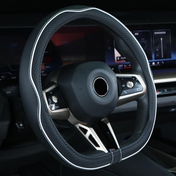 Mayco Bell Flat Bottom Steering Wheel Cover Anti-Slip,Safety,Soft,Breathable,Durable,Full Surround,Comfortable Grip Microfiber Leather (D Shape, Black White)