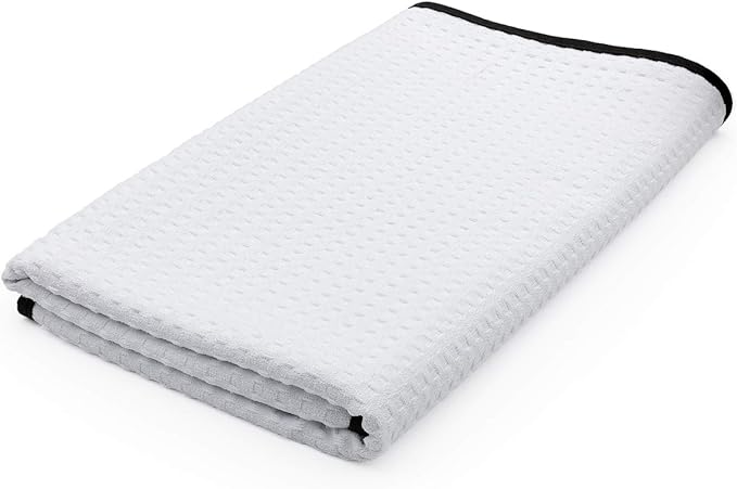 The Rag Company Dry Me A River, Professional Korean 70/30 Blend Microfiber Waffle-Weave Drying & Detailing Towels, Soft Suede Edges, 390 GSM, 26x59 Inches, White, 1-Pack
