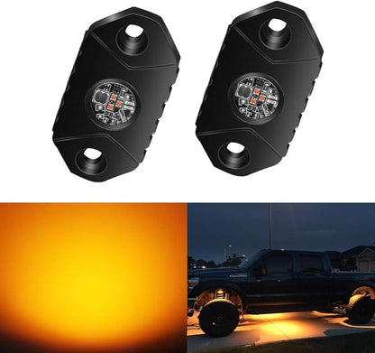 4WDKING Amber LED Rock Lights, 2 Pods IP68 Waterproof Underbody Glow Trail Rig Lamp LED Neon Lights for Truck Off Road Truck Car Boat ATV SUV Motorcycle