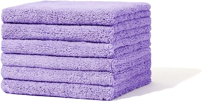 Microfiber Cleaning Cloths, 6 Pack, Reusable Microfiber Towels for Car Detailing and Washing, Streak Free Car Wash Supplies, Lint Free and Washable Cleaning Rags, High Density, 16x16in, Purple