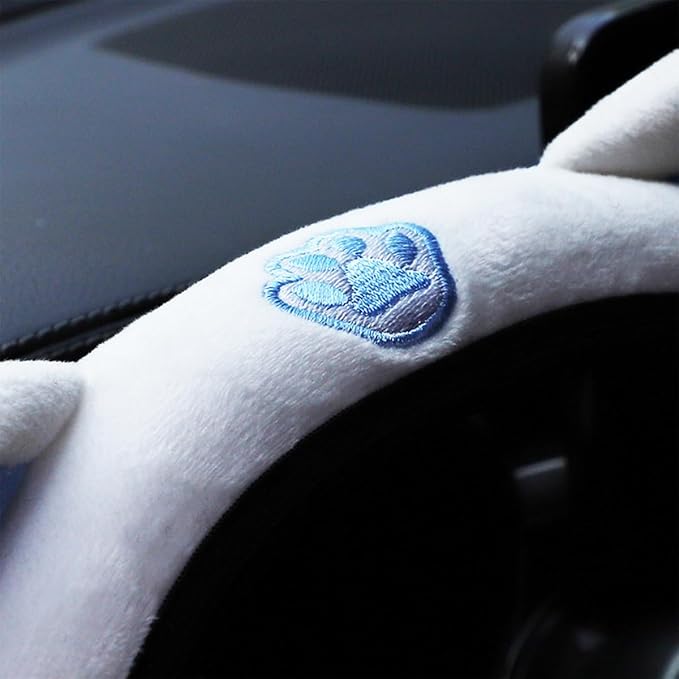 Bittwee Car Steering Wheel Cover, Fluffy Soft Plush for Winter Warm, Cute Steering Wheel Protector with Kitty Cat Ears, Universal 15 Inch, Elastic & Anti-Slip, Lovely Decor Car Accessories (Blue)