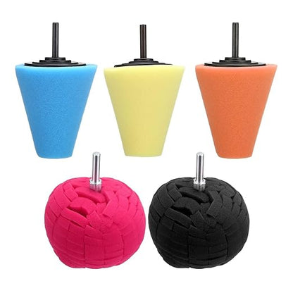 5Pcs Car Wheel Hub Drill Buffing Sponge Pads Kit,3 Inch Shank Polishing Pads for Wheel Hub Cleaning, Auto Cone Metal Polish Buffing Polishing Ball,Drill Buffer Polisher Attachment