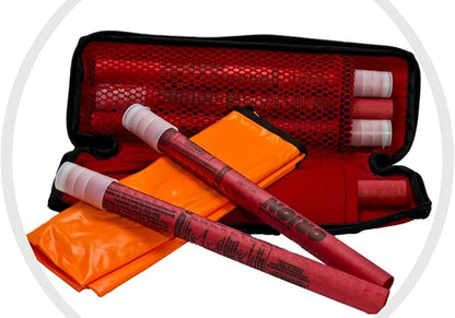 Be Prepared w/Our 6 Piece Highway Roadside Emergency Kit and Case with 6, 20-Minute Signal Flares & Stands, Roadside Assist Included Plus a Reflective Safety Vest, Rain Poncho - for Cars, Trucks, RV