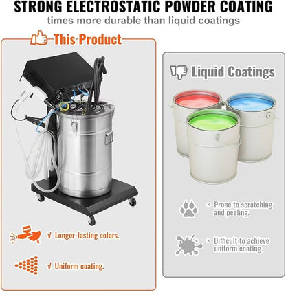 VEVOR Powder Coating System - 40W 100KV Electrostatic Output Kit with 50L Powder Hopper, 450g/Min Spray Gun & Trolley Base, Indoor/Outdoor