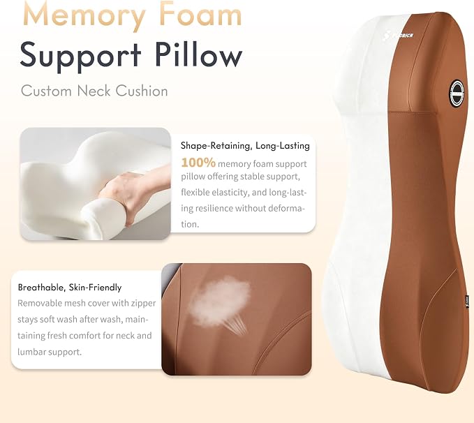 FLORICH Memory Foam Seat Cushion for Car and Lumbar Support Headrest Pillow Ergonomic Car Seat Back Support Neck Pillow for Driving Truck Driver Seat Cushion Lumbar Pillows for Back Pain Relief, Brown