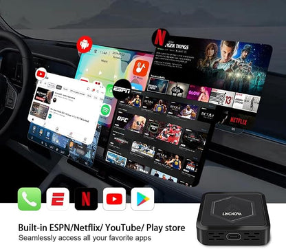 CarPlay Adapter 3-in-1 Wireless AI Smart Box for Apple iPhone and Android Auto for Factory Wired CarPlay Cars, Supports Netflix, ESPN, YouTube, HULU, Wired CarPlay Required