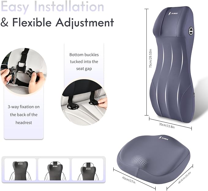 FLORICH Ergonomic Car Seat Cushion and 2-in-1 Lumbar Support Pillow Headrest Memory Foam Car Cushion Back Support Neck Pillow Driving Lumbar Seat Cushion for Truck Driver Sciatica Pain Relief, Blue