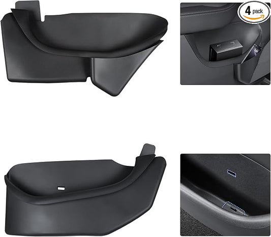 Door Side Storage Box Compatible with 2025 2026 Tesla Model Y Juniper Accessories, Full Cover TPE Door Pocket Liner Organizer with Emergency Mechanical Release Handle, 4PCS Front Rear Set (Black)