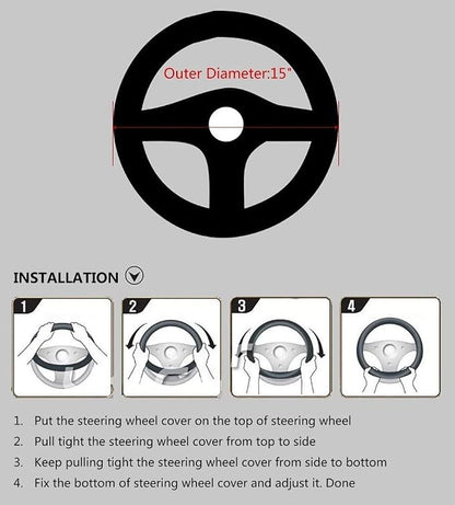 Valleycomfy Steering Wheel Covers Universal 15 inch - Genuine Leather, Breathable, Anti Slip & Odor Free (White Line, M(14" 1/2-15" 1/4))