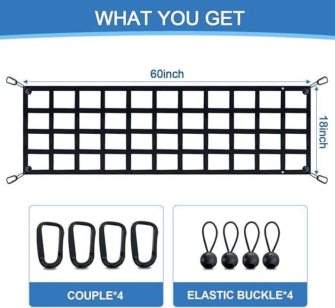 Tailgate Net for Pickup Truck Bed - Cargo Trucks Bed for Full Size Truck 60'' x 18'' (Black) - Mesh Tail gate Competible with Chevy, Ford, Tacoma, Toyota, Ram etc