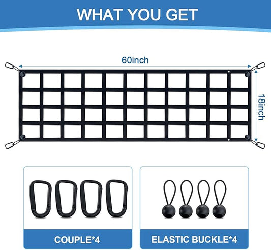 Tailgate Net for Pickup Truck Bed - Cargo Trucks Bed for Full Size Truck 60'' x 18'' (Black) - Mesh Tail gate Competible with Chevy, Ford, Tacoma, Toyota, Ram etc