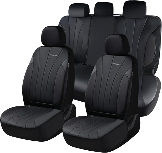 Coverado Automotive Front and Rear Seat Covers, Car Seat Covers Full Set, Leather Car Seat Covers Full Set 5 Seats, Airbag-Compatible, Spill-Proof Design, Black Seat Covers for SUV Sedan Truck
