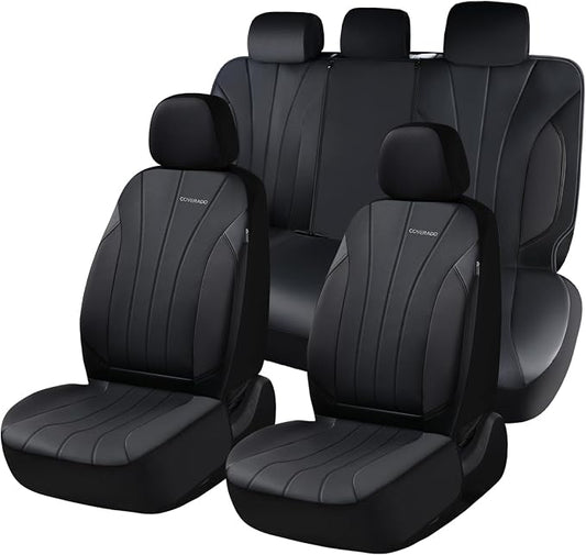 Coverado Automotive Front and Rear Seat Covers, Car Seat Covers Full Set, Leather Car Seat Covers Full Set 5 Seats, Airbag-Compatible, Spill-Proof Design, Black Seat Covers for SUV Sedan Truck