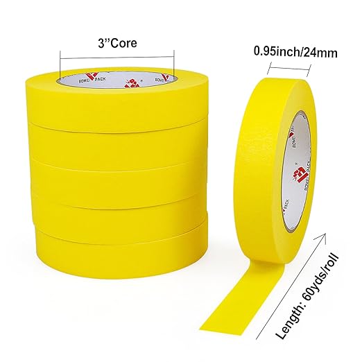 BOMEI PACK Yellow Painters Tape 1 Inch Bulk - Paint Tape 6 Rolls x 1 Inch x 60 Yards - Painter's Tape Yellow Masking Tape for Walls Painting, DIY Crafting, and School Projects, Total 360 Yards