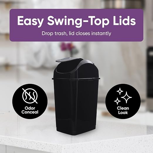 Superio Mini 1.25 Gallon and Small 2.5 Gallon Plastic Trash Cans with Swing Top Lid, Grey Waste Bin for Countertop, Desk, Vanity, Bathroom, 2 Pack (Black)