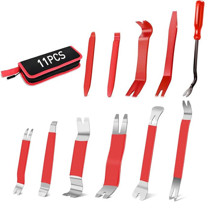 GOOACC 11PCS Trim Removal Tool Kit, Metal & Nylon Pry Tools Set for Car Door Panel, Dashboard, Audio, Clips, Fastener Remover w/Storage Box – Red