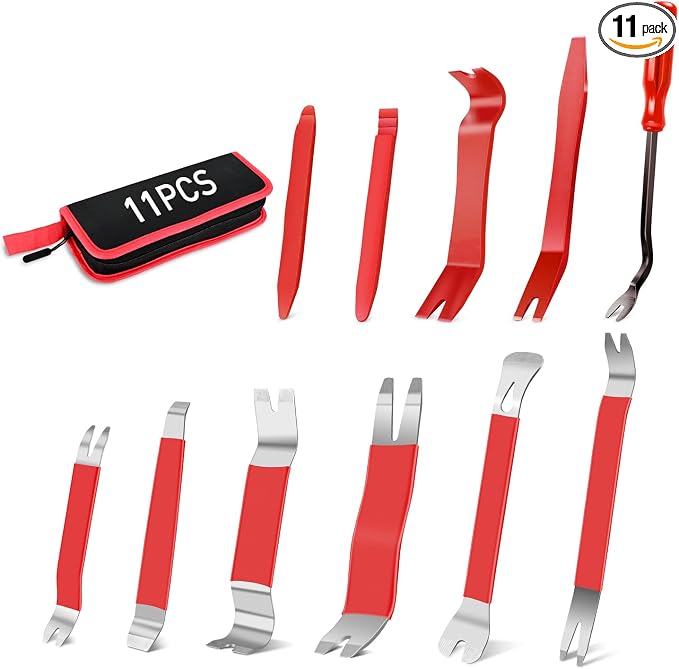 GOOACC 11PCS Trim Removal Tool Kit, Metal & Nylon Pry Tools Set for Car Door Panel, Dashboard, Audio, Clips, Fastener Remover w/Storage Box – Red
