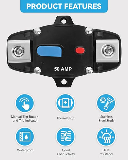 50 Amp Circuit Breaker with Manual Reset Waterproof Inline Fuse Inverter for Marine Trolling Motors Boat ATV Manual Power, Suface Mount, 12V-48V DC