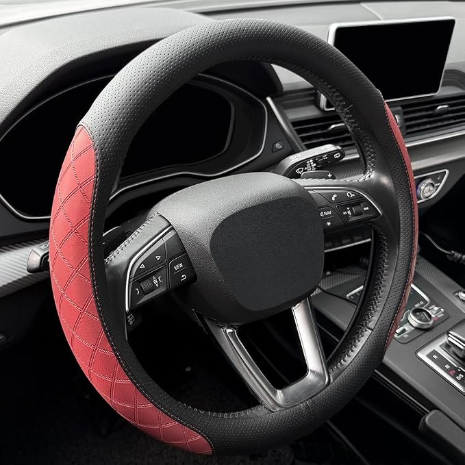 LKWLIKEI Nappa Leather Steering Wheel Cover,Elegant Diamond Checkered Design, Non-Slip wear-Resistant, Enhance Driving Comfort, Suitable for Steering Wheel Diameter 14 1/2‘-15’ Models