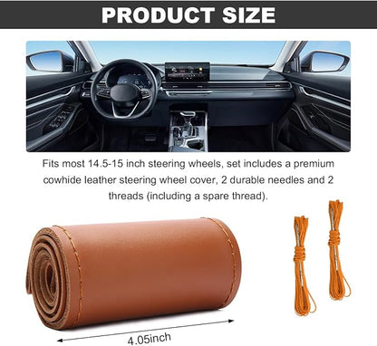 Wevdn Genuine Leather Steering Wheel Cover, Stitch on Wrap, DIY Sewing Steering Wheel Protector, 15 Inch Breathable Non-Slip Steering Wheel Protector, Car Accessories (Brown, Glossy)