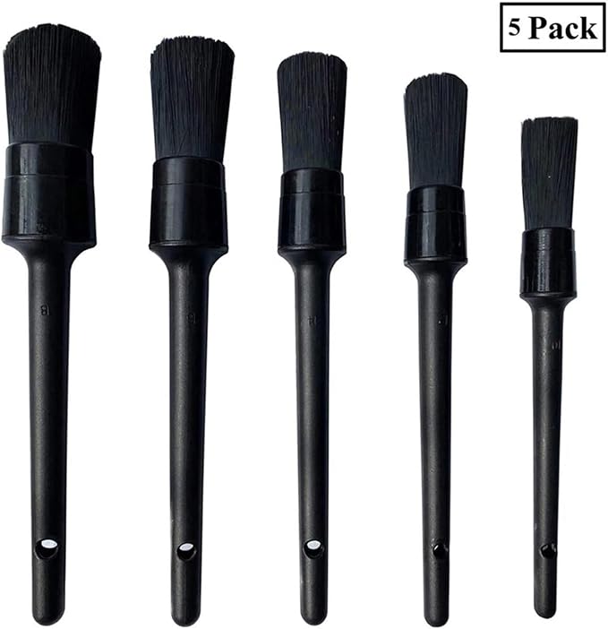 Auto Detailing Brushes - 5 Pcs | Long Bristles, No Scratches, 5 Boar Hair Car Cleaning Brush Kit with Plastic Grip for Vehicle Dashboard, Air Vents, Interior, Exterior, Engine &Wheels