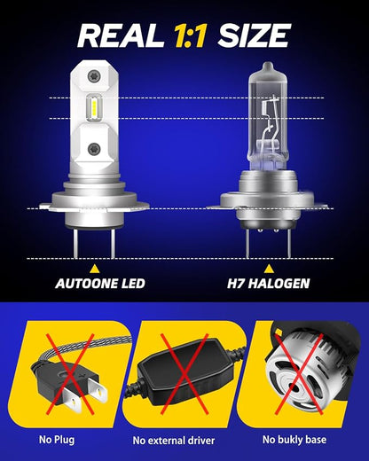 AUTOONE H7 LED Light Bulbs, 44,000LM 800% Super Brightness 6500K White, No Adapter Required, Non-Polarity Anti Flicker, 1:1 Mini Size H7LL Fog Light Bulbs for Night Driving, Plug-N-Play, Pack of 2