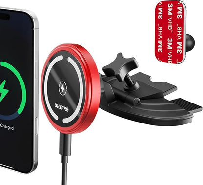 OHLPRO 15W Magsafe Car Mount Charger for iPhone 17, Fast Wireless Charging Magnetic CD Slot Holder with 3M Adhesive Base for Dashboard, Aluminum Shell, Compatible with iPhone 16 15 14 Series, Red
