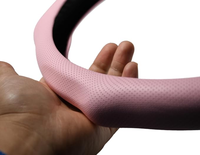 Quick Install Sporty Perforated Pink Nappa Leather Steering Wheel Cover with Black Stripe Universal fit 14½" to 15" Car SUV Pickup Pink for Wife