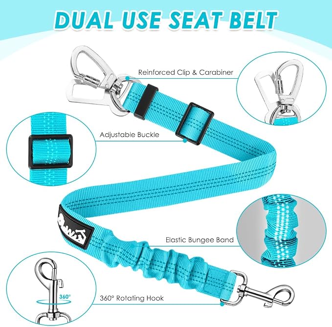 Lukovee Dog Car Harness Seat Belt, Adjustable Mesh Breathable Vest with Elastic Bungee Tether, Soft Padded 2-in-1 Safety Car Harness Seatbelt for Small Medium Large Dogs (Light Blue,XXS)