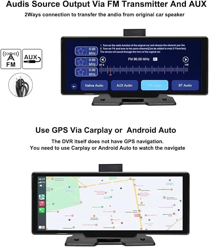 10.26" HD Carplay Screen for Car Stereo, 4K Dash Cam Wireless Portable Touch Screen Car Play with Apple Carplay & Android Auto with 1080P Back Up Camera, Bluetooth, Mirror Link, GPS, AUX+64GB