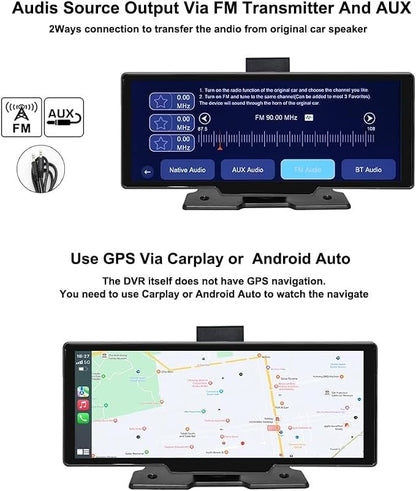 10.26" HD Carplay Screen for Car Stereo, 4K Dash Cam Wireless Portable Touch Screen Car Play with Apple Carplay & Android Auto with 1080P Back Up Camera, Bluetooth, Mirror Link, GPS, AUX+64GB