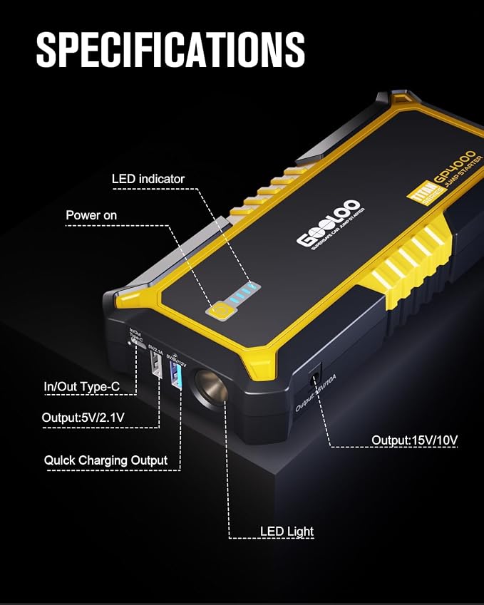 GOOLOO GP4000 Jump Starter 4000A Peak Car Starter (All Gas,up to 10.0L Diesel Engine) SuperSafe 12V Lithium Jump Box,Auto Battery Booster Pack,Portable Power Pack with USB Quick Charge and Type C Port