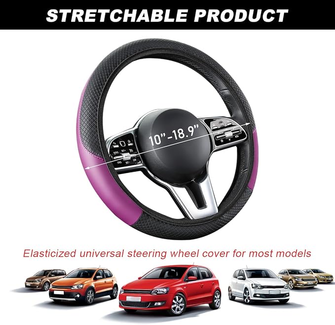 DXNQ Car Steering Wheel Cover, 15 Inch Carbon Fiber Leather Stitching Color Steering Wheel Protector, Anti-Slip Elastic Breathable Steering Wheel Cover Stylish Decor for Most Cars (Black&Purple, AD)